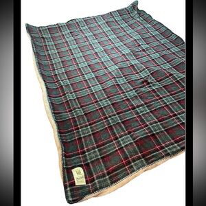 Woolrich Wool BLANKET, RED GREEN PLAID Tan Sherpa FLEECE, Heavy Throw 64x45” VTG
